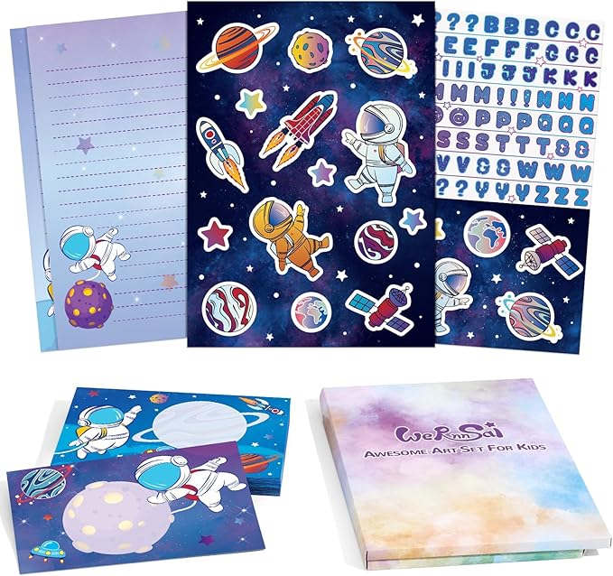 WERNNSAI Kids Stationery Set - 72PCS Boys Stationery Set Teens Universe Letter Writing Kit Aerospace Letter Paper Set Stationery Writing Sheets with Envelopes School Space Gift Set