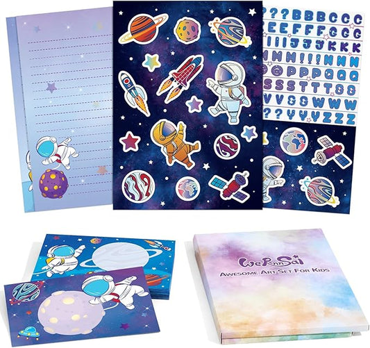 WERNNSAI Kids Stationery Set - 72PCS Boys Stationery Set Teens Universe Letter Writing Kit Aerospace Letter Paper Set Stationery Writing Sheets with Envelopes School Space Gift Set