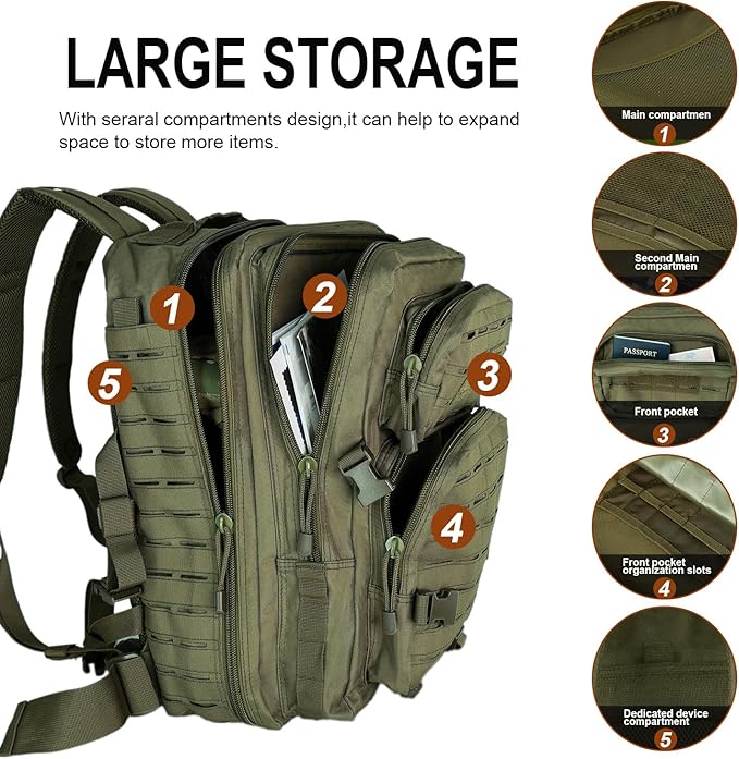 40L Tactical Backpack, Camouflage Military Bug Out Bag, Durable MOLLE Hiking Camping Gear (GREEN)
