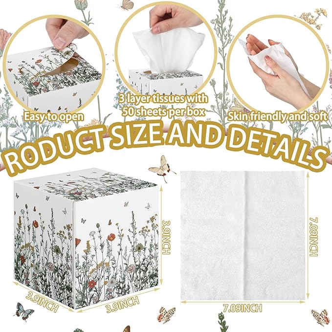 12 Pack Spring Facial Tissues Cube Face Boxes 600 Sheets 3 Ply Small Square Tissues Bulk for Spring Summer Car Bedroom Supplies(Wildflowers)