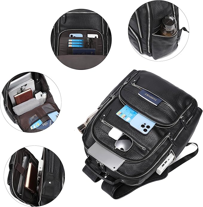 LANNSYNE Men Vinatge Full Grain Leather Backpack Fits 17.3" Laptop, Travel Overnight Daypacks - Black