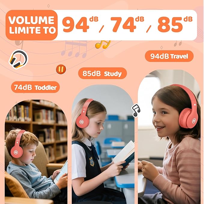 Headphones Kids Bluetooth 5.4 Wireless Play Time 68H Safe Volume Limit 85/94dB Over-Ear Foldable Headset,Fast Charging,with Aux Cord Built-in Mic for Toddler Child Pad Study Tablet Coral