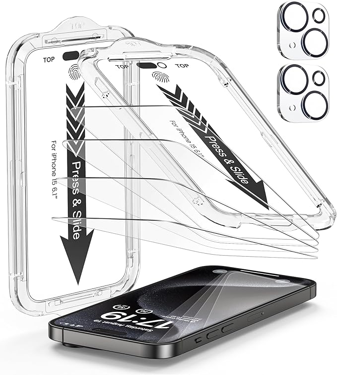 EZ-GLAZ- 4 Pack for iPhone 15 Screen Protector [6.1"] With 2 Pack Camera Lens Protector, 9H+ Hardness 12FT Military Grade Shatterproof Scratch Resistant Durable Tempered Glass Film with Flawless Fit Kit, HD Clear
