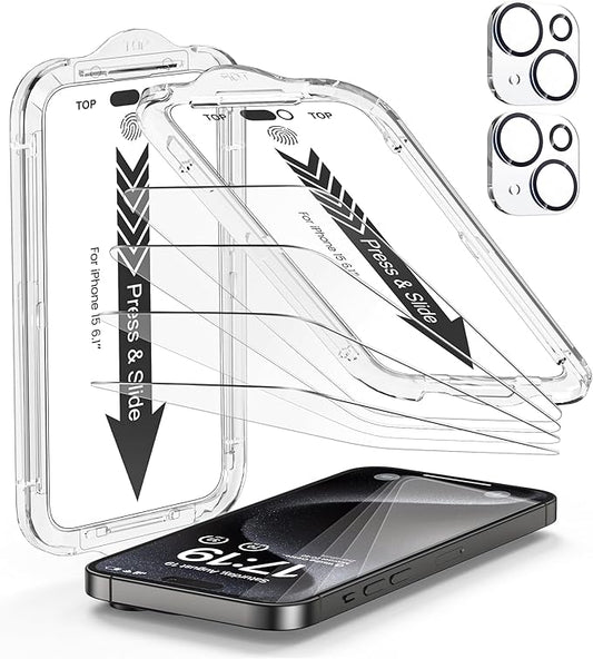 EZ-GLAZ- 4 Pack for iPhone 15 Screen Protector [6.1"] With 2 Pack Camera Lens Protector, 9H+ Hardness 12FT Military Grade Shatterproof Scratch Resistant Durable Tempered Glass Film with Flawless Fit Kit, HD Clear