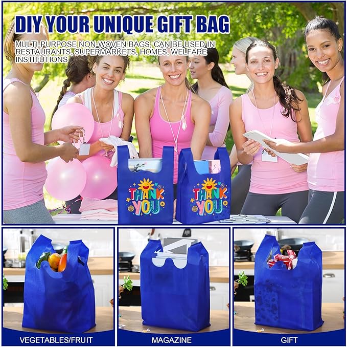 Windyun Large Grocery T-shirt Bags Bulk Reusable Non Woven Shopping Bag Foldable Gift Tote with Handle, 21x11x6 Inch