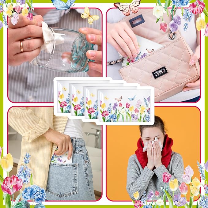 50 Pack Summer Tulips Floral Pocket Tissues Individual Packs Bulk 3 Ply Tulips Flower Wallet Travel Facial Tissues for Summer Wedding Party Supplies
