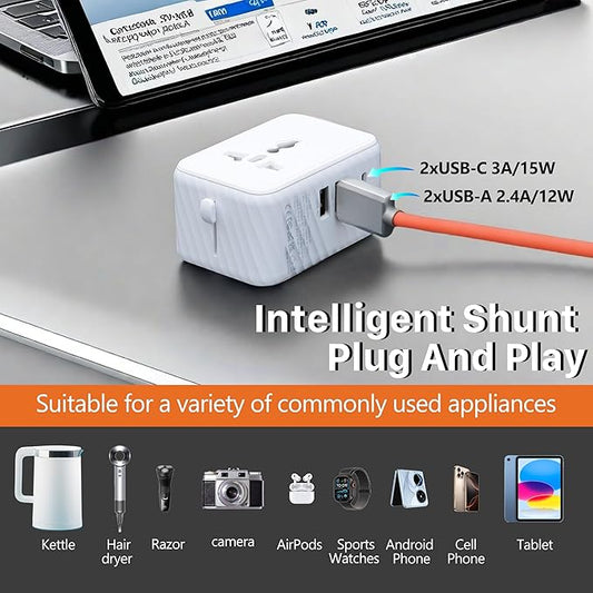 Universal Travel Plug Adapter Worldwide with 2 USB C and 2 USB A Ports, Travel Accessories Travel Charger International Travel Adapter Plug Travel Essentials USA to UK Europe Australia (White, 17W)