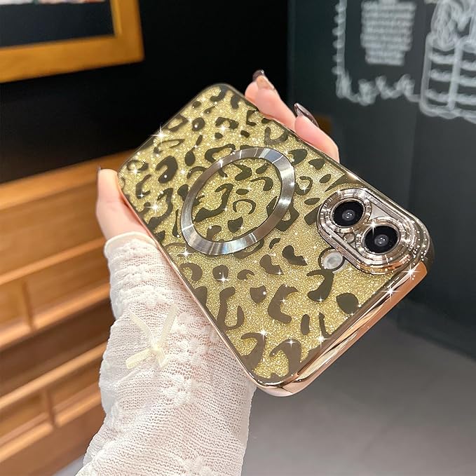 for iPhone 16 Case Magnetic,Soft Cute Luxury Leopard Cheetah Pattern Plating Glitter Bling Phone Case Compatible with MagSafe Clear Shockproof Back Cover for Women Girl 6.1"-Gold