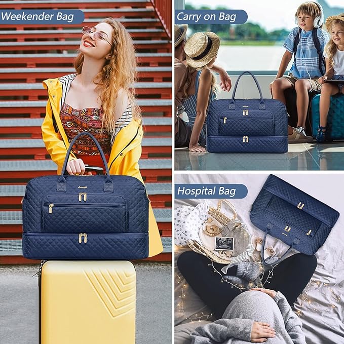 Travel Duffle Bag Weekender for Women - 38L Carry-On Overnight Bag Personal Item Bag with Shoe Compartment & Wet Pocket Weekend Tote Bags with Toiletry Bag Hospital Bags for Labor and Delivery Navy