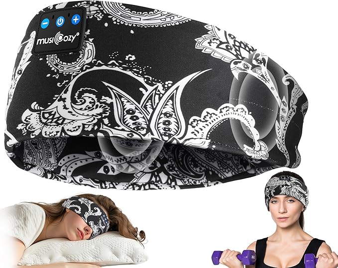 MUSICOZY Sleep Headphones Bluetooth Headband 5.4 Wireless Headband Headphones for Sleeping for Side Sleeper with Ultra-Thin HD Stero Speaker for Workout (Black & White)