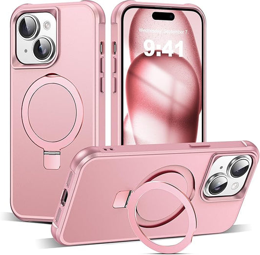 Compatible with iPhone 15 Plus Case with Invisible Magnetic O-Ring Stand Military-Grade Case for iPhone 15 Plus 6.7" [Compatible with Mag-Safe][Great Grip Feeling], Rose Gold