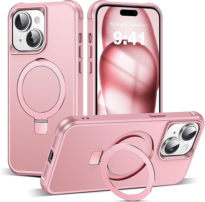 Compatible with iPhone 15 Case with Invisible Magnetic O-Ring Stand Military-Grade Case for iPhone 15 6.1" [Compatible with Mag-Safe][Great Grip Feeling], Rose Gold