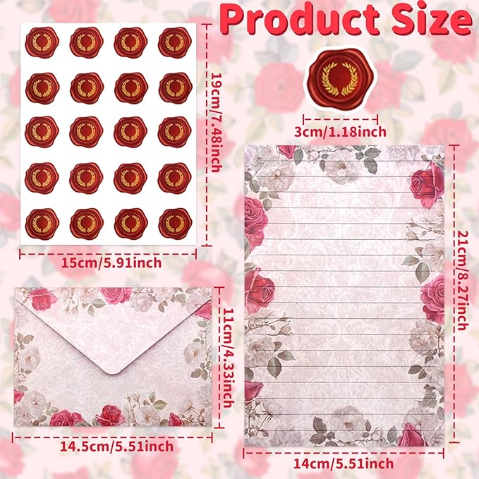 160 Pcs Stationery Paper Set Including 50 Matching Envelopes 50 One Sided Stationery Writing Papers 60 Round Dot Sticker for School Office Supplies,10 Design, 5.5 x 8.25 Inch(Vintage Floral)