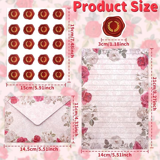 160 Pcs Stationery Paper Set Including 50 Matching Envelopes 50 One Sided Stationery Writing Papers 60 Round Dot Sticker for School Office Supplies,10 Design, 5.5 x 8.25 Inch(Vintage Floral)