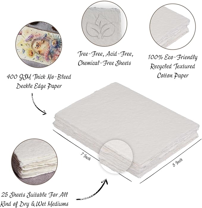 400 GSM / 25 Sheets - Rough/Textured Watercolor Drawing/Sketching Paper - 7"X5" - Handmade/Deckle Edge Paper Made from Virgin Egyptian Cotton - Off-White by Leather Village