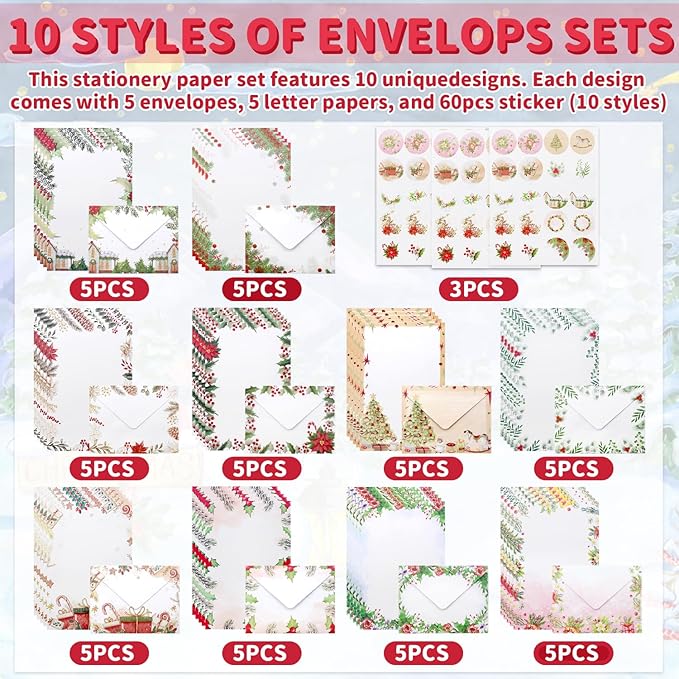 160 Pcs Stationery Paper Set Including 50 Matching Envelopes 50 One Sided Stationery Writing Papers 60 Round Dot Sticker for School Office Supplies,10 Design, 5.5 x 8.25 Inch(Christmas)
