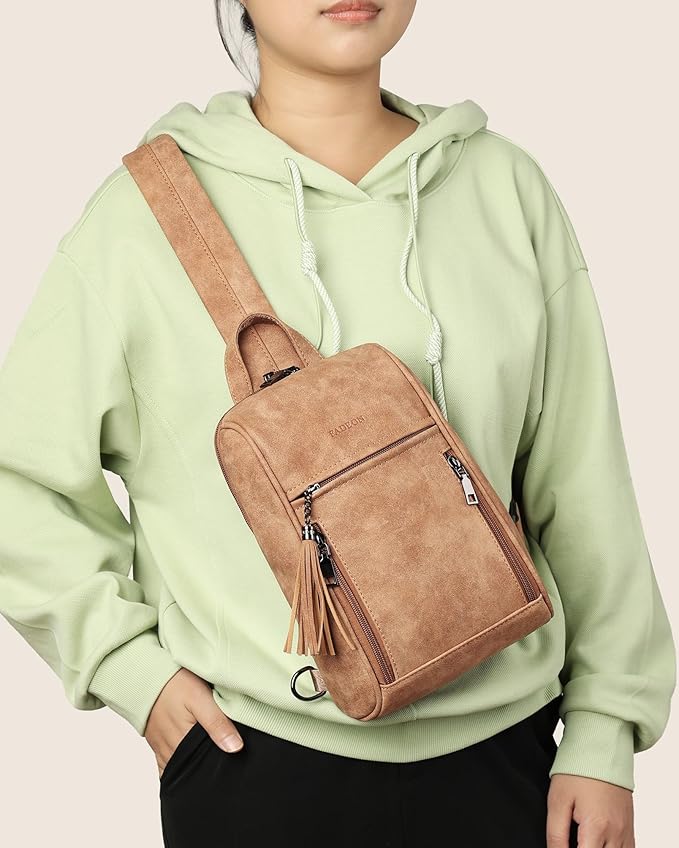 FADEON Sling Bag for Women, Crossbody Purse with Tassels, Designer Leather Shoulder Chest Bags for Travel