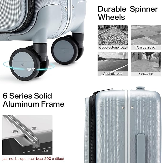 Hanke Grace Hard Shell Suitcases with Wheels,20 Inch Carry On Luggage Airline Approved with Aluminum Frame, Travel suitcase with Front Pocket Travel Luggage for Short Business Trips, Grey.