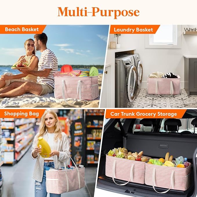 Lifewit Extra Large Tote Bag, Reusable Grocery Bags with Metal Wire Frame and Handles, Standing Utility Foldable Shopping Bags for Storage, Picnics, Beach, Pool, Laundry, Car, Camping, 1 Pack, Pink