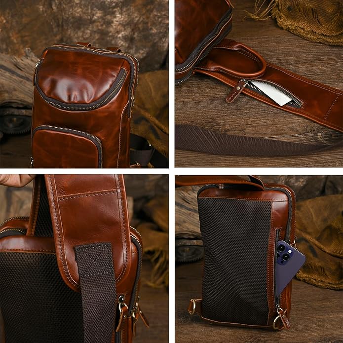 Thick Crazy horse Leather Triangle Crossbody Sling Chest Bag Travel One Shoulder Bag Daypack For Men Male 3028