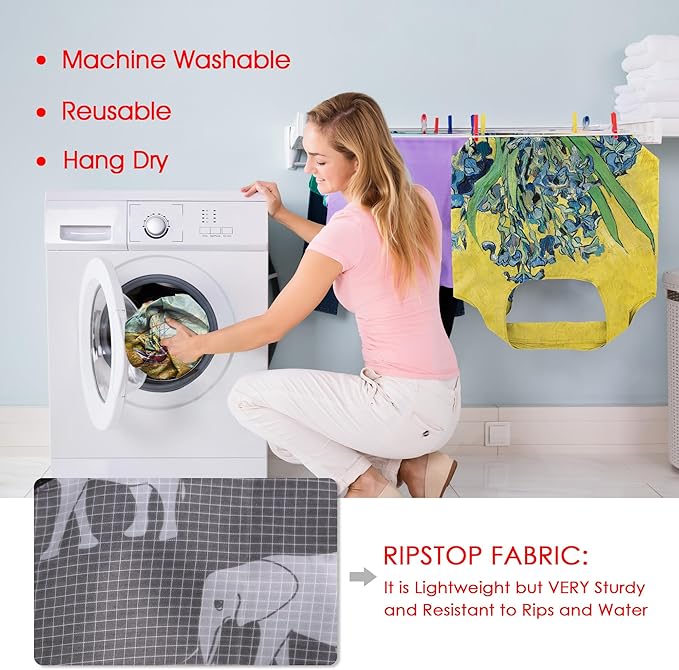 BeeGreen Oil Painting Reusable Grocery Bags 6 Pack, Heavy Duty Totes for Women, Foldable Grocery Bag Large Shopping Totes with Handles for Work, Travel, Gift, Polyester Washable Reusable Tote Bag