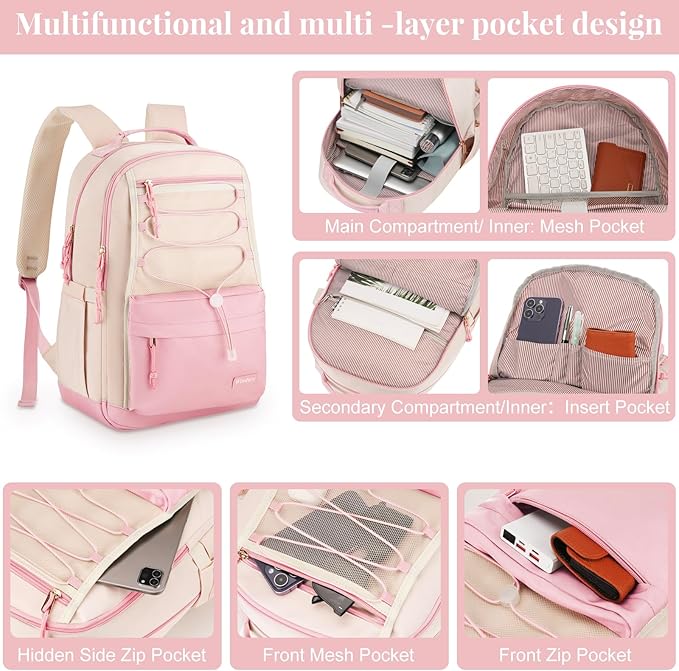 School Backpack for Teens Girls, Aesthetic College Backpack Large Bookbag for Women Students Fashion 15.6 Inch Laptop Bag for Work Travel (Pink Beige)