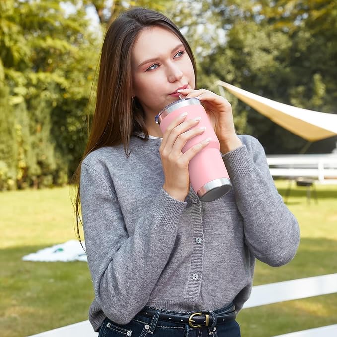 MEWAY 30oz Insulated Tumbler With Lids and Straws,Stainless Steel Double Vacuum Coffee Tumbler Cup, Brush, Durable Powder Coated Coffee Cup for Cold & Hot Drinks, Office, Travel(Pink,4 PACK)