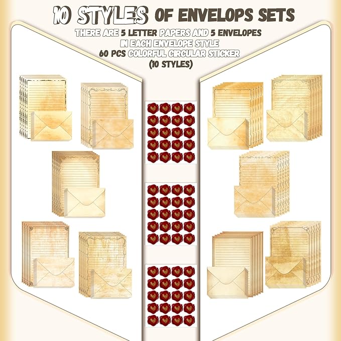 TaoBary 160 Pcs Stationery Paper Set 50 Double Sided Stationery Papers with 50 Matching Envelopes and 60 Round Dot Sticker, 10 Design(Vintage,5.5 x 8.25 Inch)