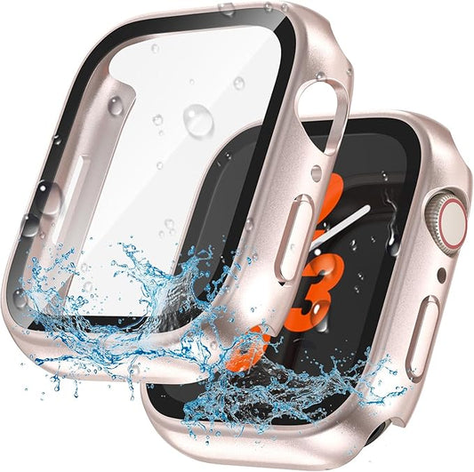 2 in 1 Waterproof Case for Apple Watch Screen Protector 41mm Series 7 8 9 Accessories with Tempered Glass Film Face Protective & PC Bumper Cover Compatible iWatch 41mm