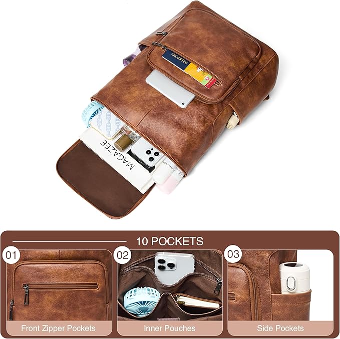 Leather Laptop Backpack for Women, 15.6 Inch Travel Backpack with Laptop Compartment, Casual Daypack Fashion Travel Backpack Purse for Travel College Work, Brown