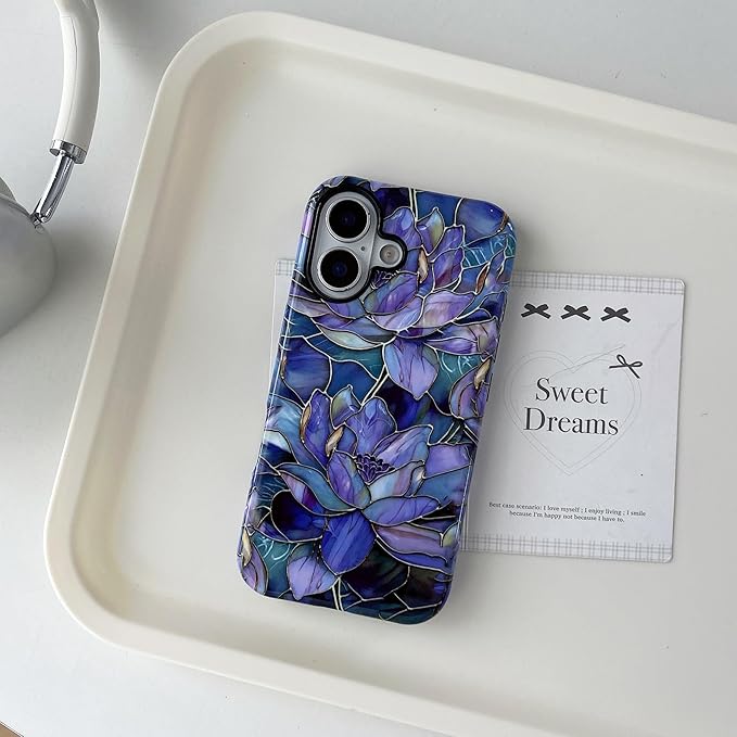QLTYPRI Flower Case for iPhone 16 Plus, Aesthetic Cute Floral Phone Case for Girls Women, Protective Hybrid 2-Layer Hard Shell Silicone Cover Durable Shockproof Phone Cover - Purple Lotus