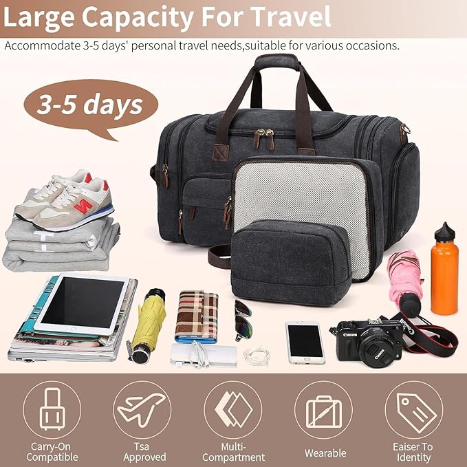 Mens Duffle Bag for Travel 60L Expandable Canvas Weekender Overnight Travel Duffel Bag with Shoe Compartment Carry-On for Airplanes Dark Gray