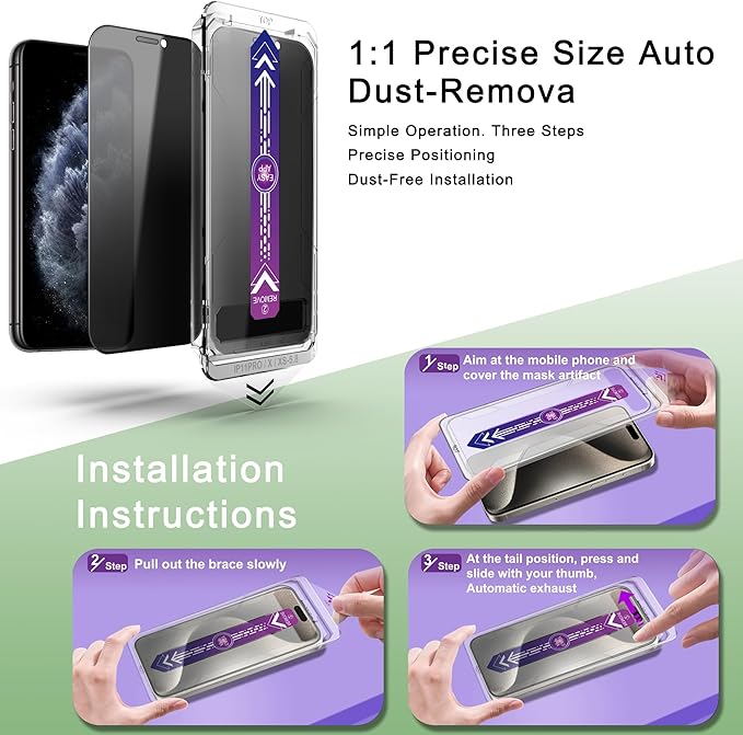 2 Pack Privacy Screen Protector for iPhone 11 Pro and iPhone Xs and iPhone X 5.8-Inch Auto Dust Removal, No Bubbles,Anti-Spy Tempered Glass Film, Easy Installation