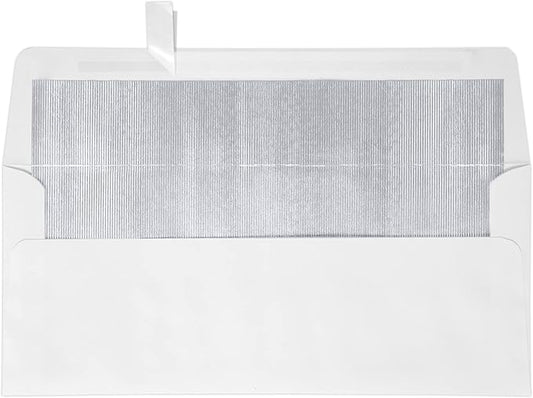 LUXPaper #10 Foil Lined Business Envelopes | Peel & Press | 4 1/8" x 9 1/2" | White w/Silver LUX Lining | 60lb. Text | 50 Qty