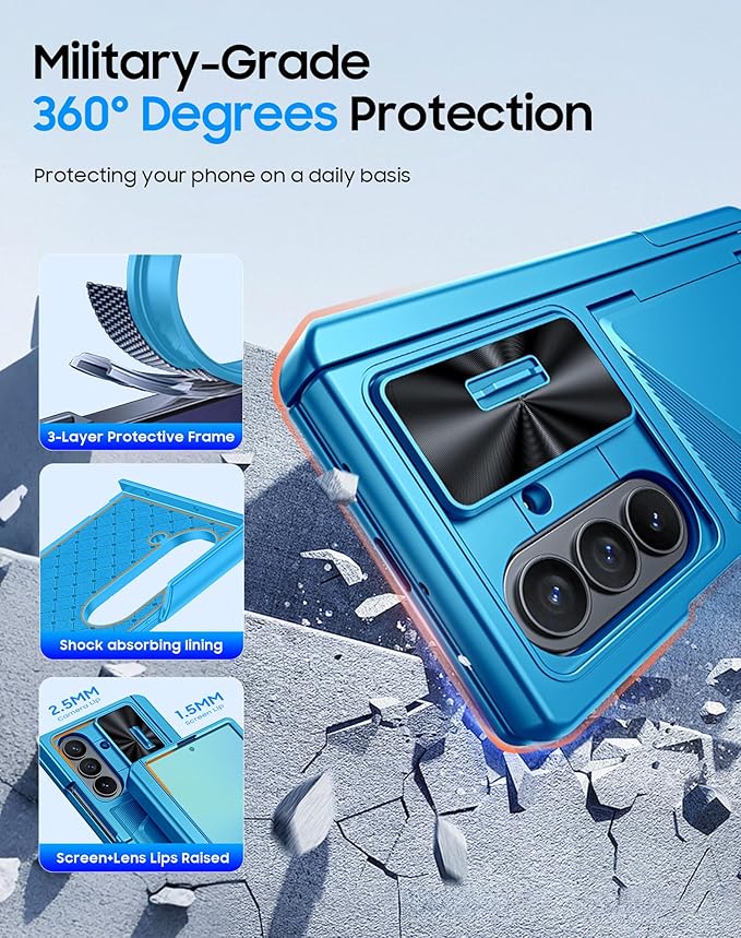 for Samsung Galaxy Z Fold 7 Case with Card Holder RFID Blocking, Built in Slide Lens Cover & Hinge Protection & Kickstand & Screen Protector, Shockproof Wallet Case for Z Fold 7 (Lake Blue)