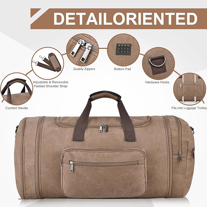 Felipe Varela 60L Duffle Bag for Men, Large Expandable Canvas Duffel Bag for Travel, Mens Carry On Luggage Bag Traveling Weekender Gym Overnight Bags for Airplanes, Coffee