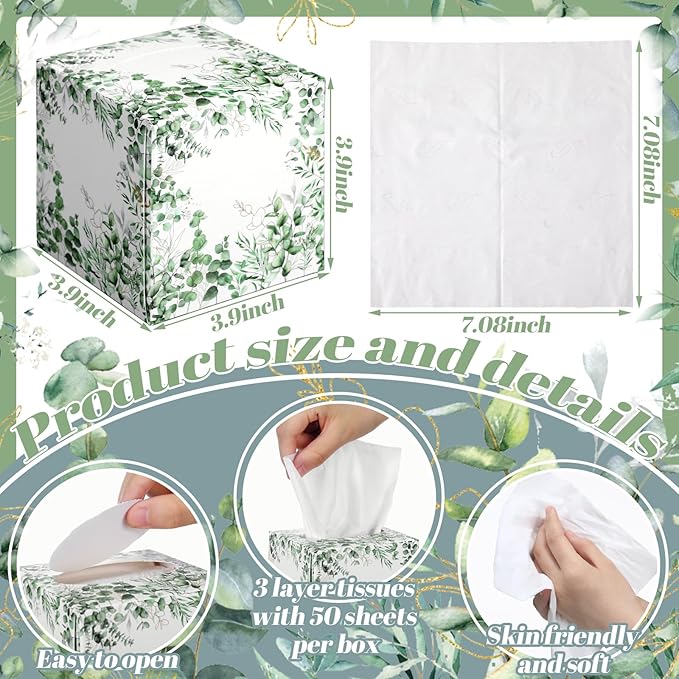 12 Pack Summer Eucalyptus Facial Tissues Cube Boxes 600 Sheets 3 Ply Small Square Green Eucalyptus Face Tissues Bulk for Summer Car Bedroom Supplies