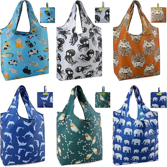 BeeGreen Animal Lover Reusable Grocery Bags | Foldable Tote Bags with Handles, Reusable Gift Bulk 6 Set for Women, Heavy Duty Washable Polyester Travel & Shopping Basket.