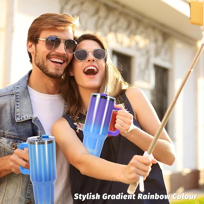 40 oz Shiny Tumbler with Handle and Straw,Stainless Steel Tumbler with Lid and Straw,Insulated Travel Mug(Cold for 34 Hours),Water Bottle for Iced Tea,Coffee (Purple)