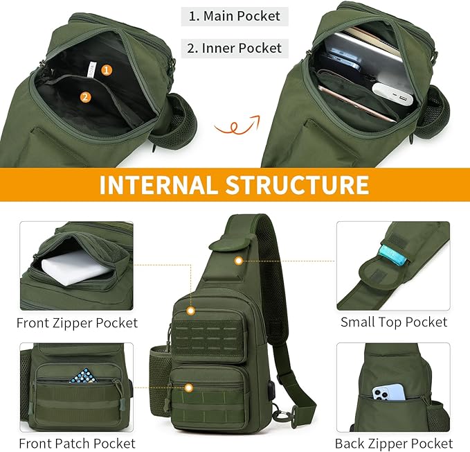 HUNTVP Tactical Sling Bag Crossbody Bag for Men Women EDC Shoulder Bags Molle Sling Backpack Chest Pack for Hiking Hunting Travelling Camping (Type3-Army Green)