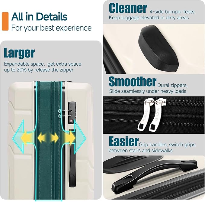 Hoteel Luggage Sets 3 Piece, ABS+PC Hard Shell Expandable Suitcases with Wheels, TSA Aproved Lock and Carry on Bags, Travel Suit Case Set for Men and Women, (3-Piece, Beige)