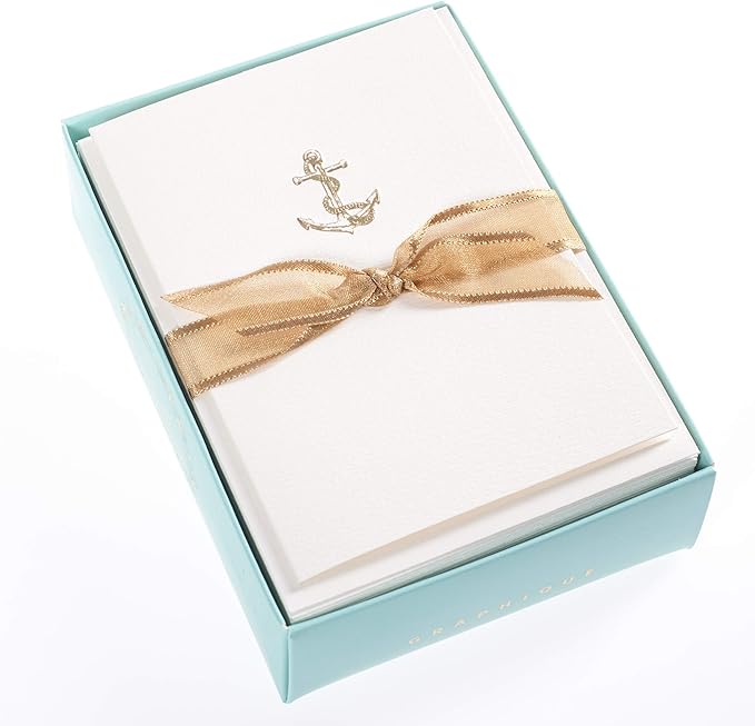 Graphique Anchor La Petite Presse Boxed Notecards - 10 Embossed and Embellished Gold Foil Anchor Blank Cards with Matching Envelopes, 3.25" x 4.75 '