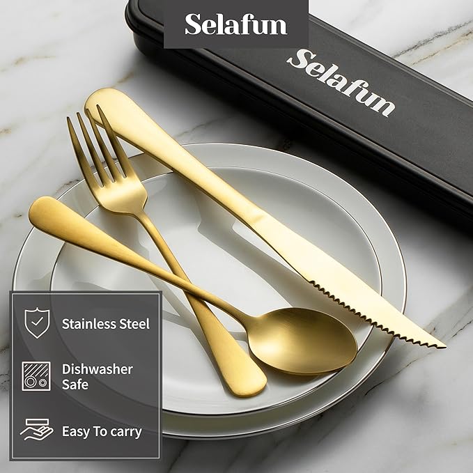 4-pieces Travel Set with Case Portable Silverware Utensils Set for work, Stainless Steel Reusable Flatware Set Cutlery Set for Camping Picnic Hiking Office (6.7inch, Matte Gold)