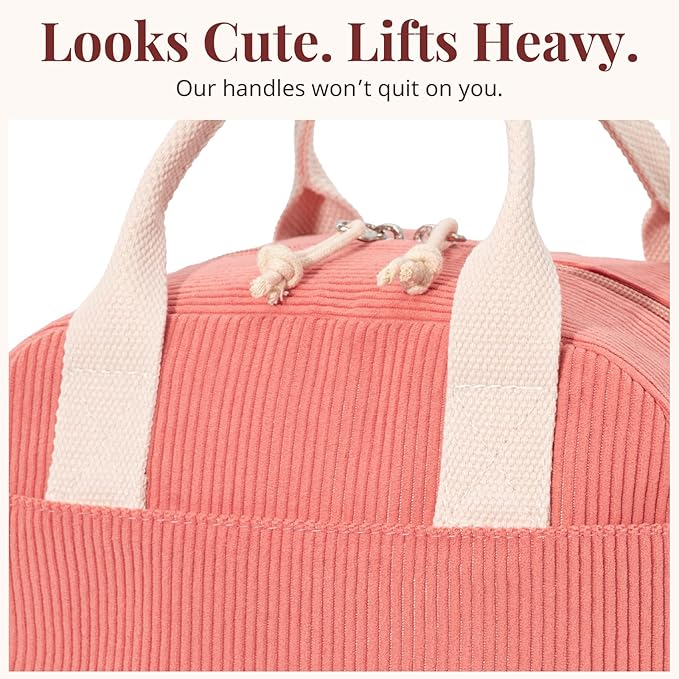 Insulated Lunch Bag for Women Men, Stylish Corduroy Tote Bag with Aluminum Lining, Large Capacity Reusable Cooler for Work, Travel, or Beach, Coral Pink Lunch Box