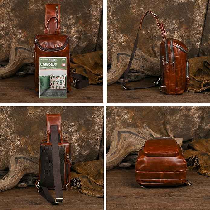 Thick Crazy horse Leather Triangle Crossbody Sling Chest Bag Travel One Shoulder Bag Daypack For Men Male 3028