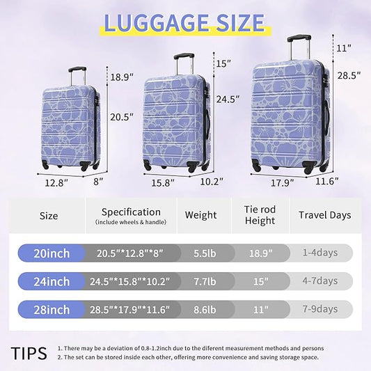 Merax Luggage Sets 3 Piece, Hardside Suitcase Set with Spinner Wheels, Lightweight Printing Luggage Carry on,20+24+28 IN,Blue