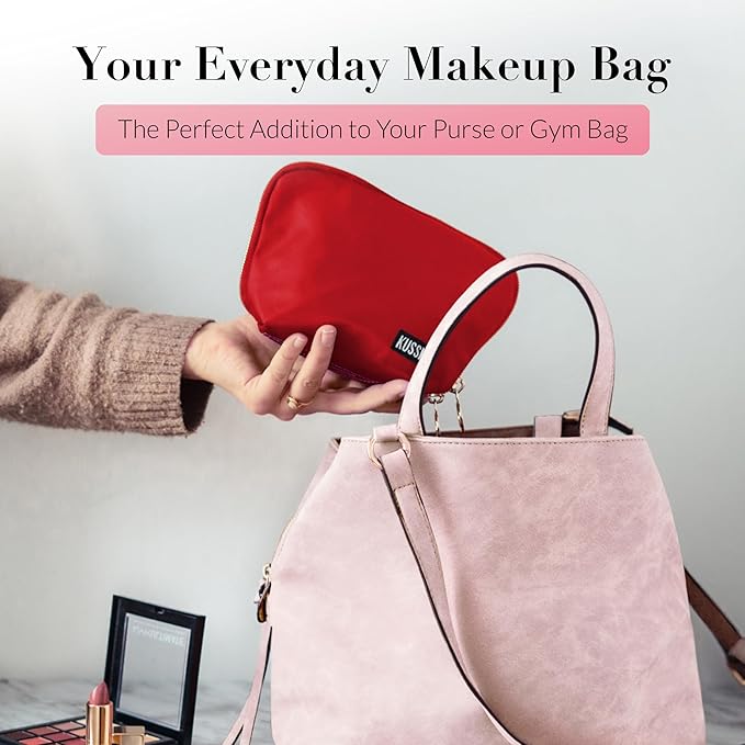 KUSSHI Washable Travel Makeup Bag for Purse (Everyday, Candy Apple Red/Pink)