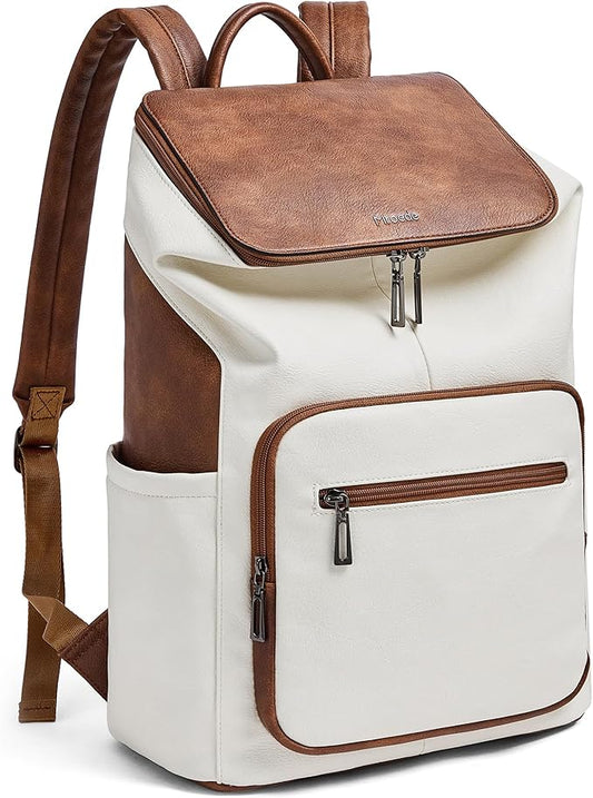 Leather Laptop Backpack for Women, 15.6 Inch Travel Backpack with Laptop Compartment, Casual Daypack Fashion Travel Backpack Purse for Travel College Work, Beige Brown