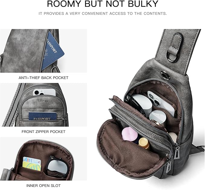 7L Sling Bag For Women Faux Leather Anti Theft Small Casual Daypack Backpack Fanny Pack Crossbody Chest Bags Purse Waterproof Dark Grey