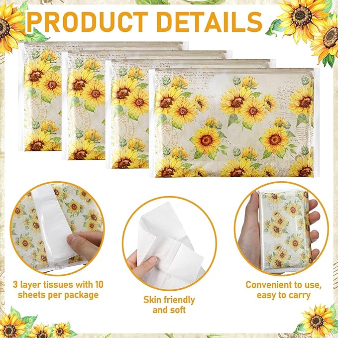 50 Pack Sunflower Pocket Tissues Individual Packs Sunflower Floral Pocket Facial Bulk 3 Ply Wallet Travel Tissues for Summer Wedding Party Supplies